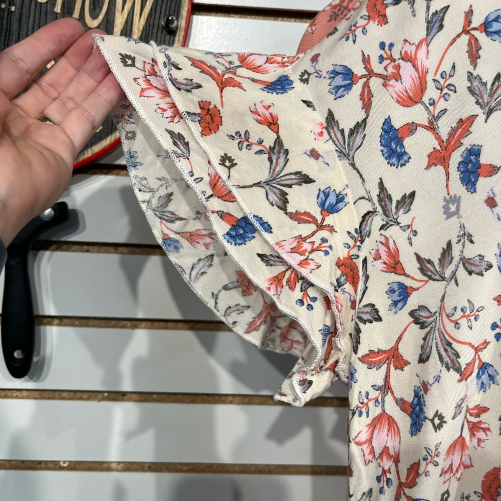 Boho Floral Tassel Tie Cream Blouse with Coral Trim - Picture 4 of 9